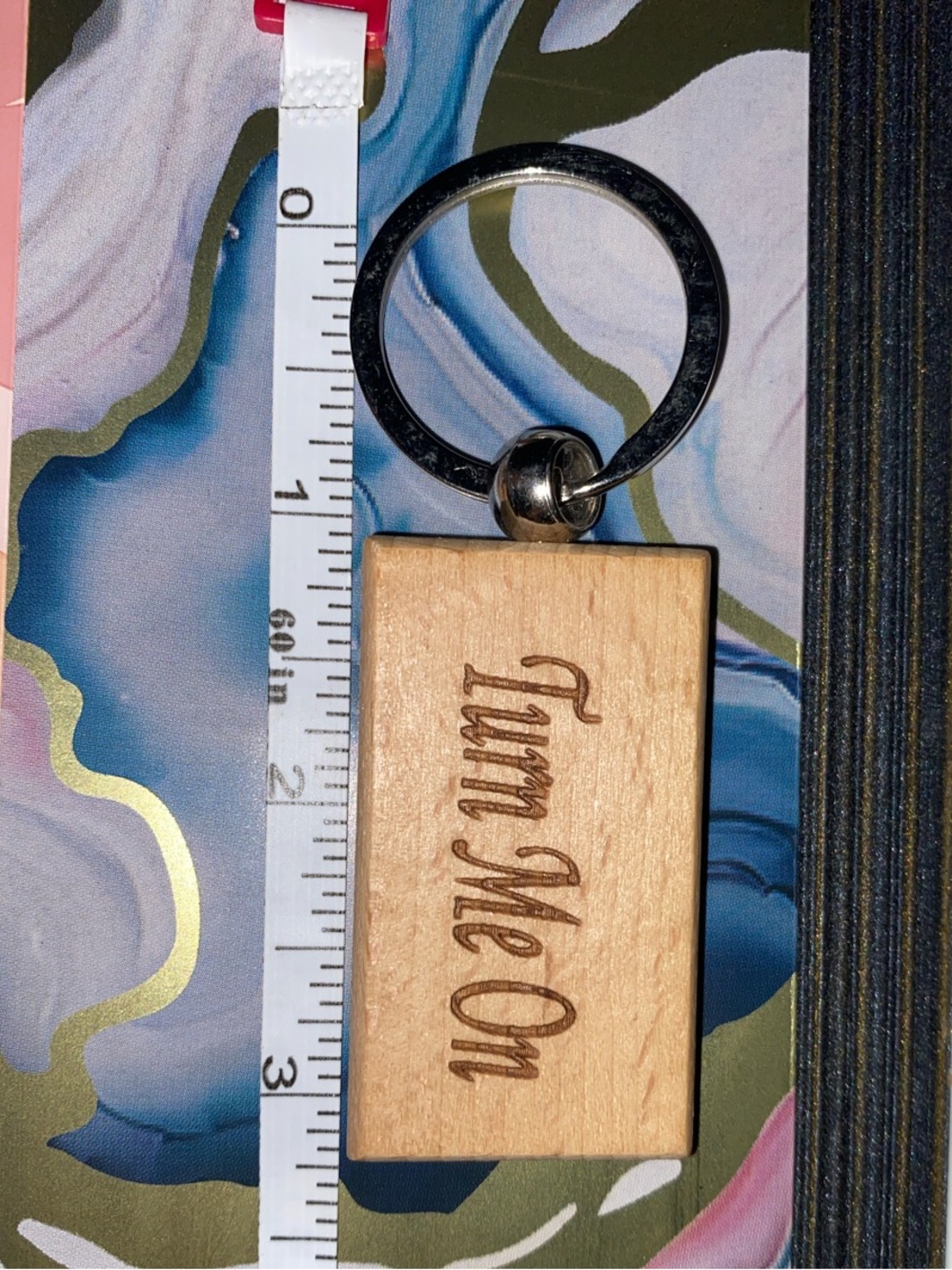 Wooden 'Turn Me On' Engraved Keychain - Natural Wood
